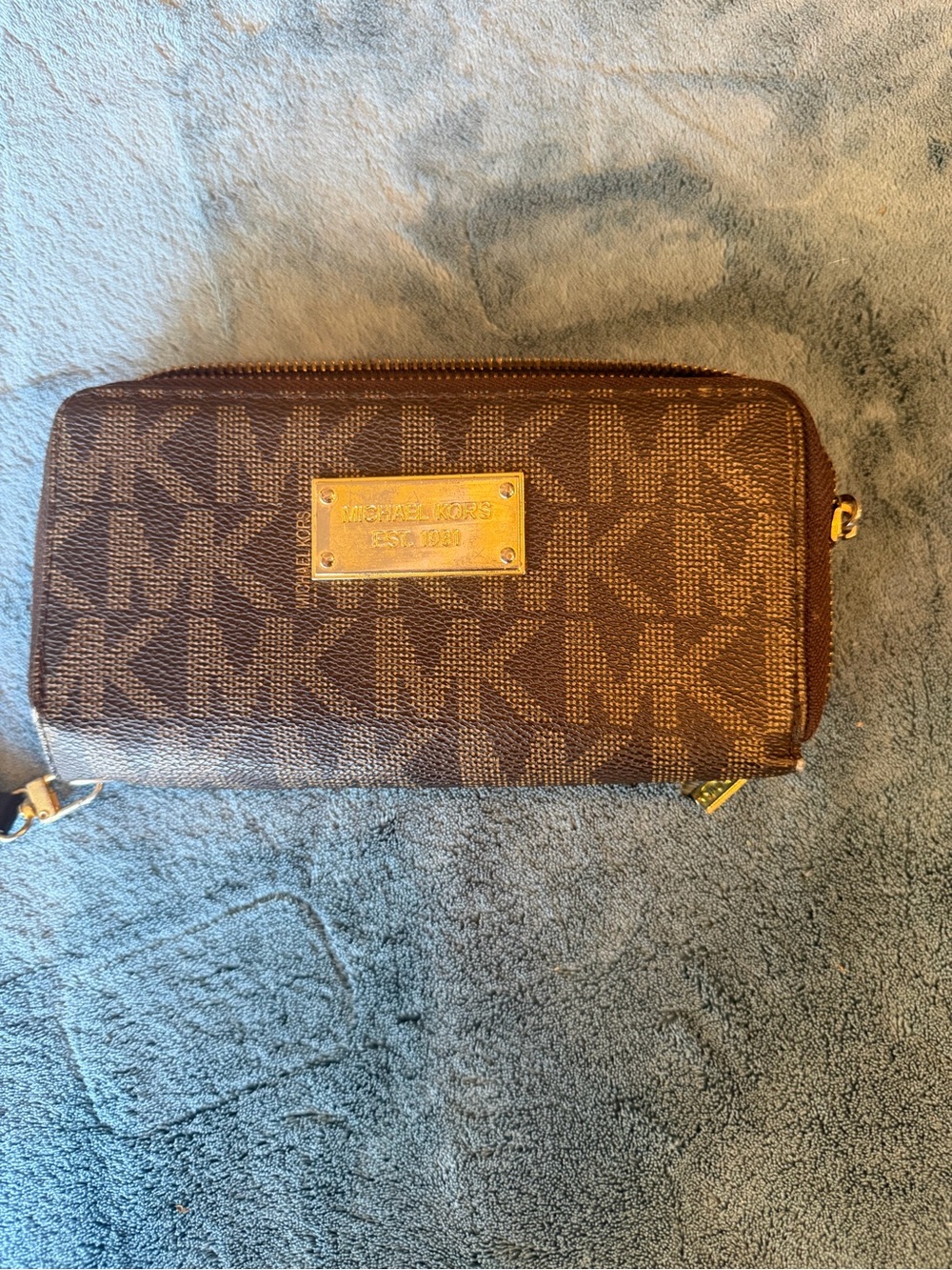 Michael Kors Brown MK Logo Zip Around Wallet with Gold Plate